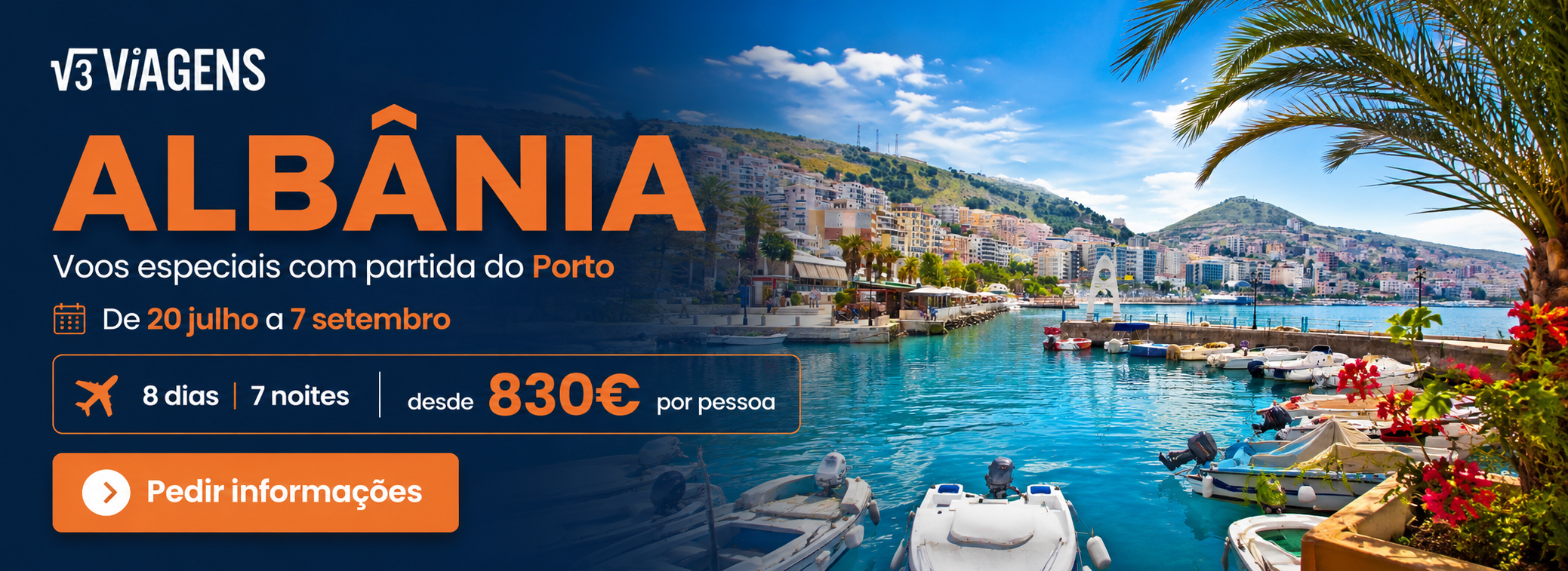 Albânia este verão — voos especiais com partida do Porto, de 20 de julho a 7 de setembro, oferta ANPME × V3 Viagens