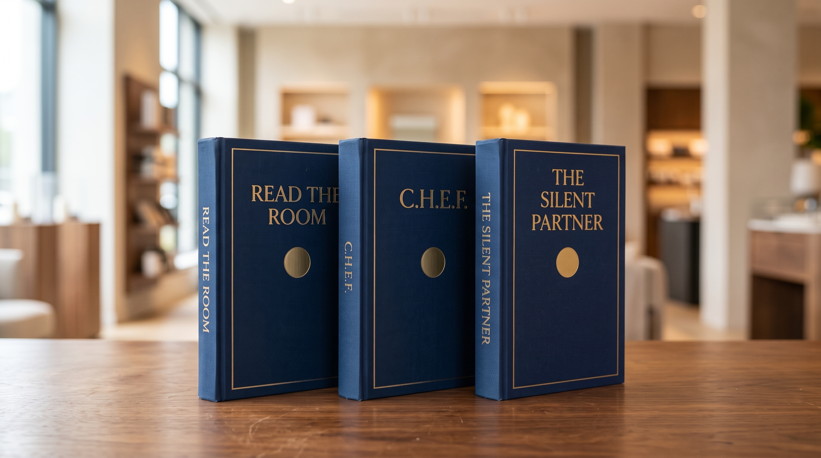 Three navy hardcover books: Read The Room, C.H.E.F. and The Silent Partner