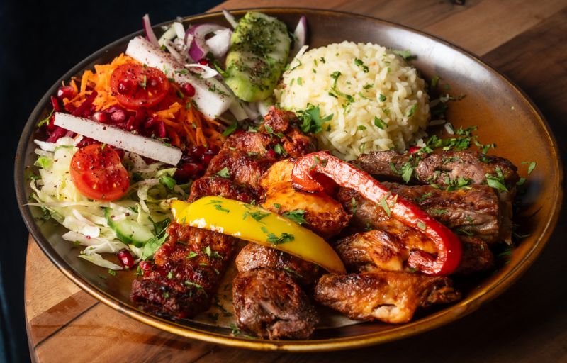 Mosaic Mixed Kebab with lamb shish, chicken shish, Adana, chicken wings and lamb ribs at Mosaic Braintree