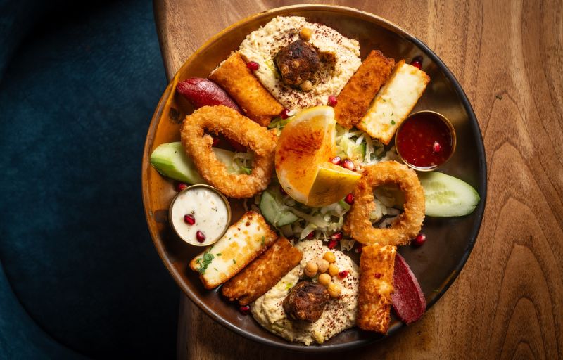 Mixed Hot Meze sharing platter of Mediterranean starters at Mosaic Braintree