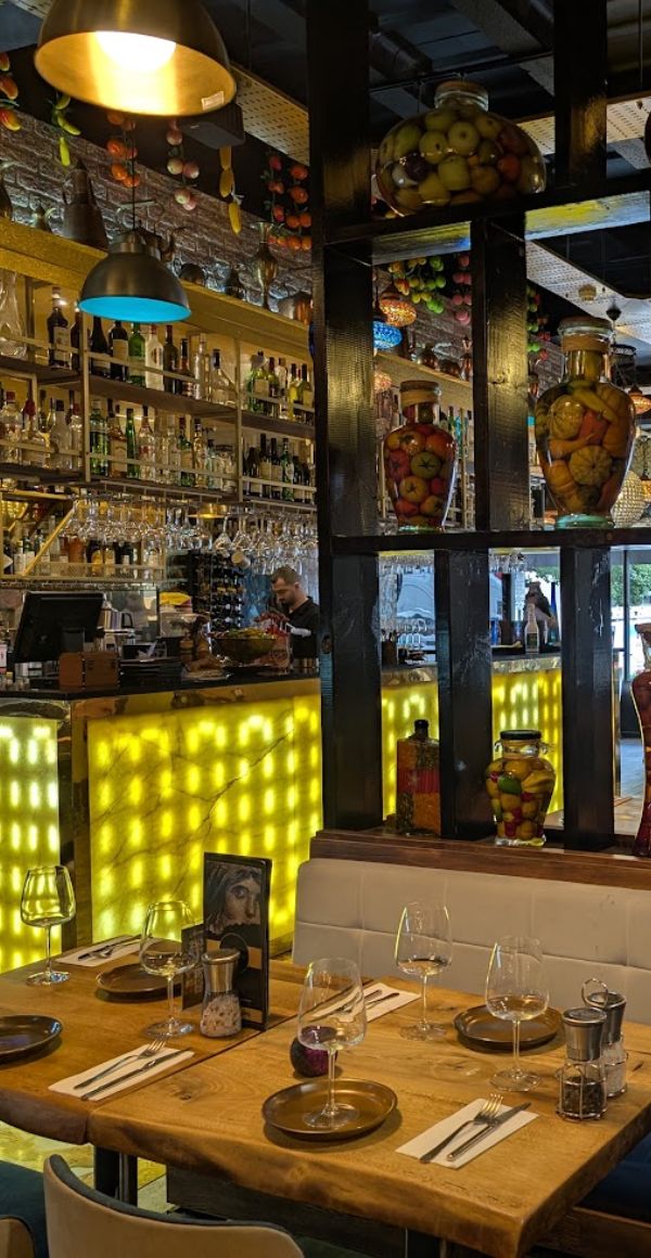 Warm restaurant interior with ambient lighting