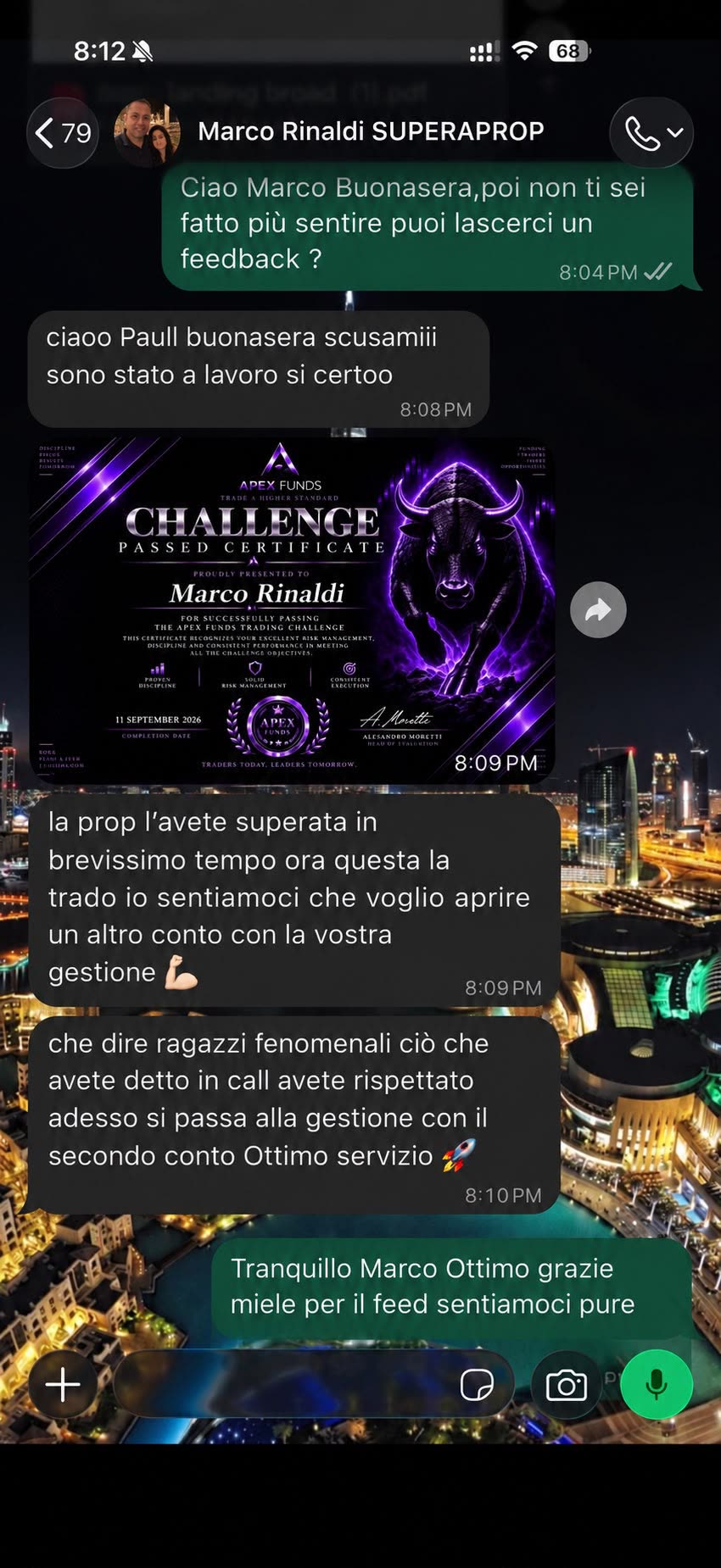 Feedback di un cliente SuperaProp su WhatsApp