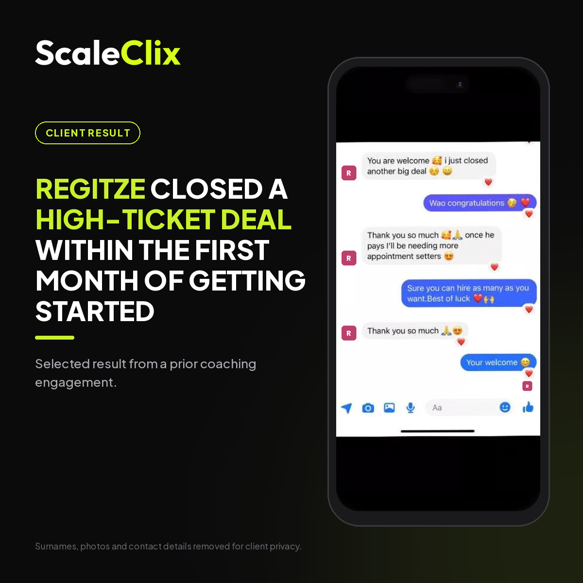 Earlier client result: Regitze closed a high-ticket deal within the first month of getting started.