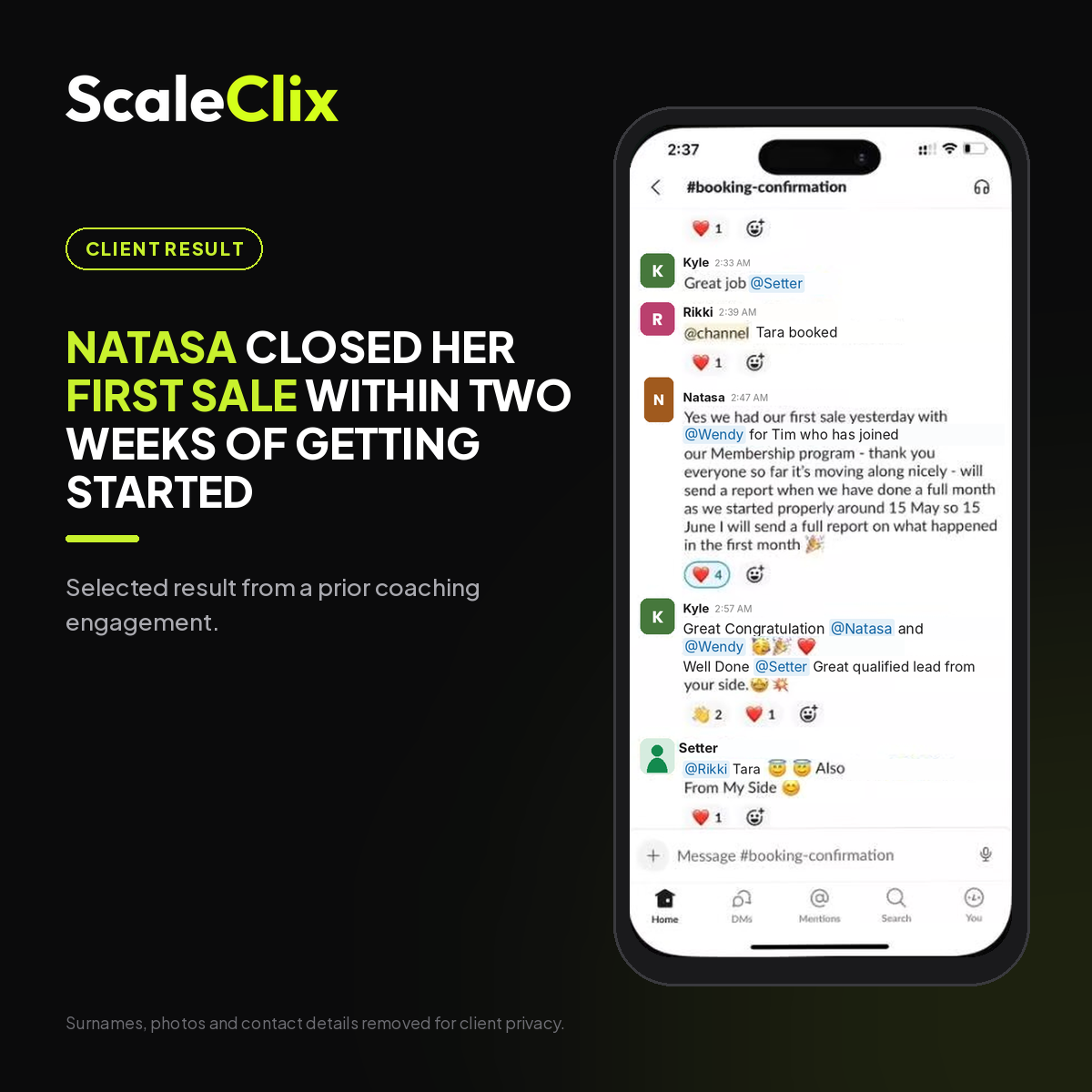 Earlier client result: Natasa closed her first sale within two weeks of getting started.