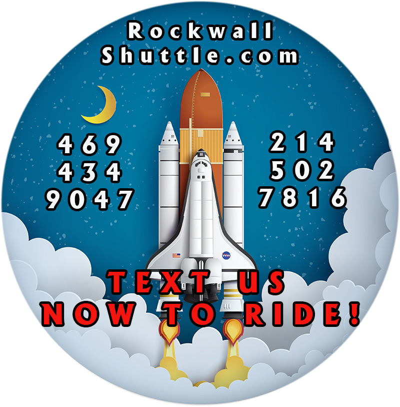 The Shuttle - RockwallShuttle.com space shuttle logo, text us to ride 469-434-9047 or 214-502-7816