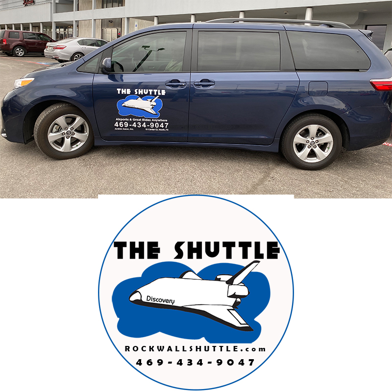 Blue Shuttle van with The Shuttle RockwallShuttle.com logo