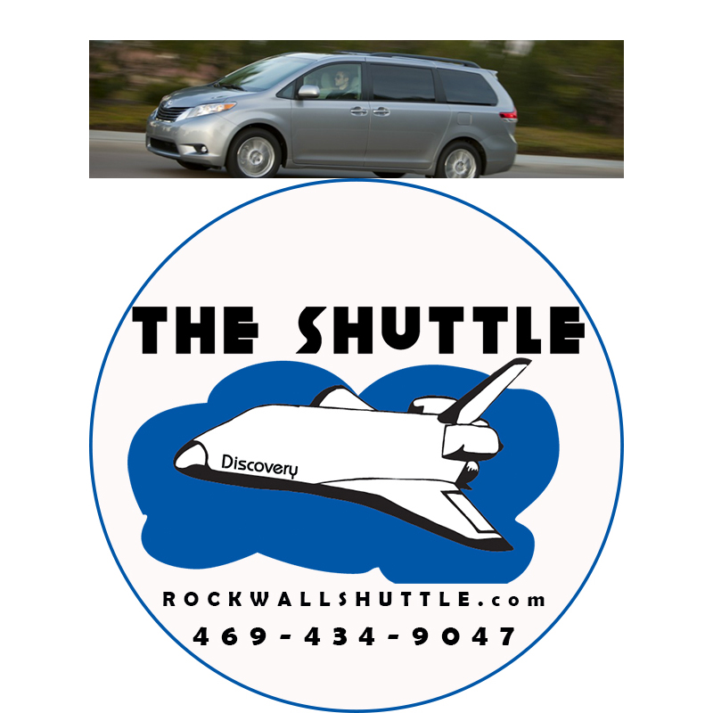 The Shuttle van with RockwallShuttle.com logo, 469-434-9047