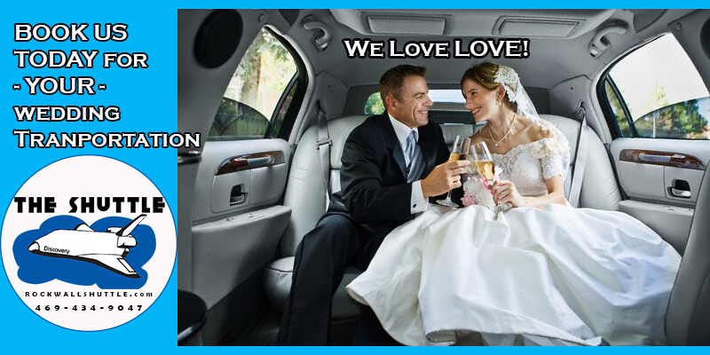 The Shuttle wedding transportation banner with bride and groom