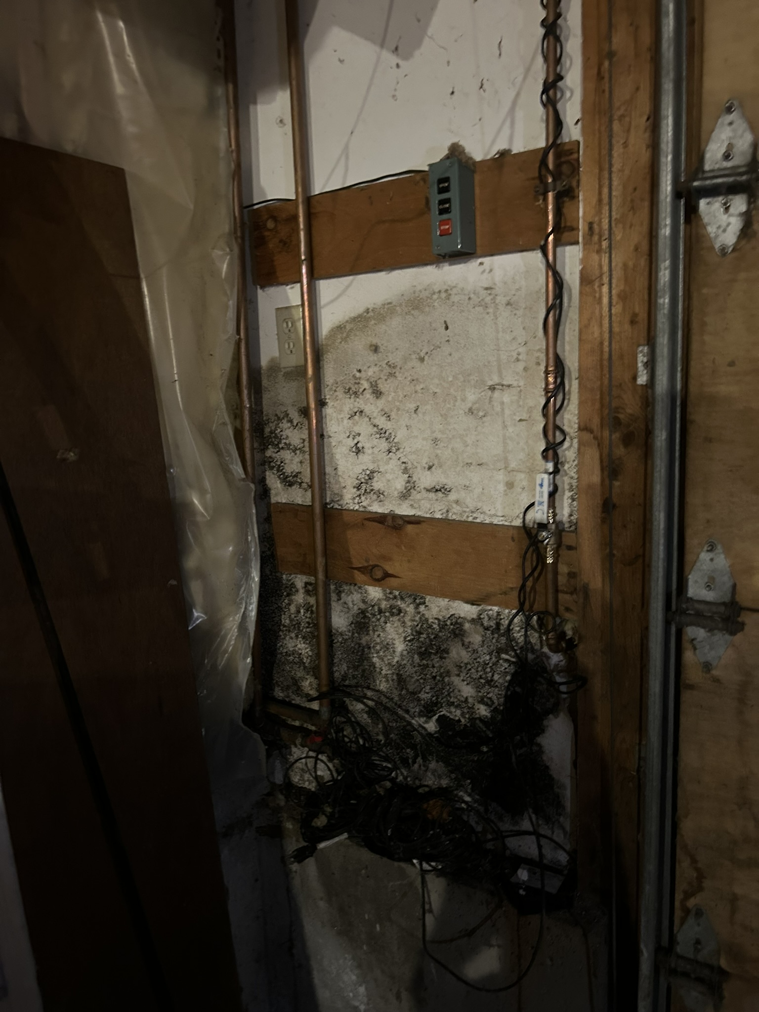 Hampstead garage before: black mold across the drywall