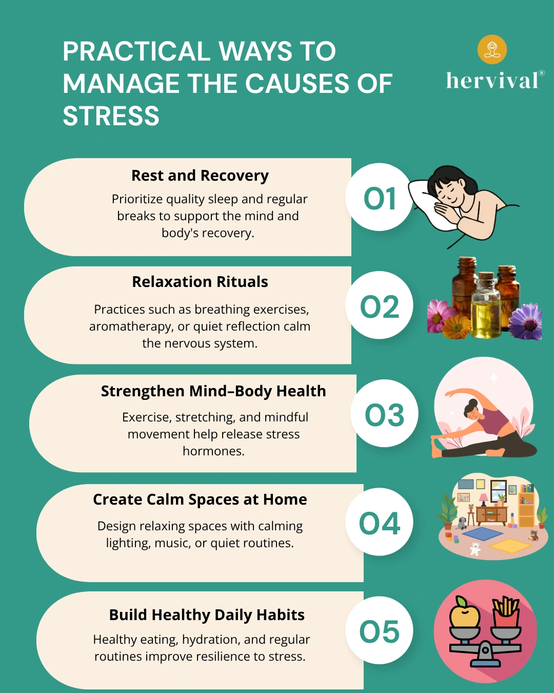 Infographic on causes of stress and practical ways to manage it, showing strategies like rest and recovery, relaxation rituals, strengthening mind-body health through exercise, creating calm spaces at home, and building healthy daily habits. Infographic on causes of stress and practical ways to manage it, showing strategies like rest and recovery, relaxation rituals, strengthening mind-body health through exercise, creating calm spaces at home, and building healthy daily habits.