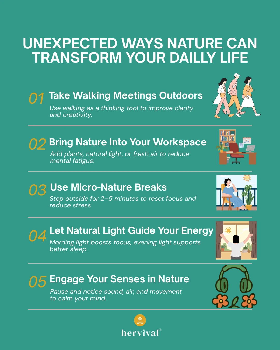 Infographic on nature and wellness: how the earth heals mind and body, highlighting benefits such as improved decision-making, reduced stress and burnout, boosted creativity, and stronger emotional regulation for modern leaders.