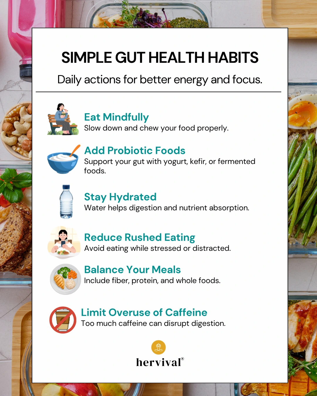 Infographic titled “Simple Gut Health Habits,” highlighting gut health for high-performers: daily habits for better energy. It outlines key practices including eating mindfully, adding probiotic foods like yogurt and fermented options, staying hydrated, reducing rushed or distracted eating, balancing meals with fiber and protein, and limiting caffeine intake. Surrounded by images of healthy foods, with the Hervival logo at the bottom.