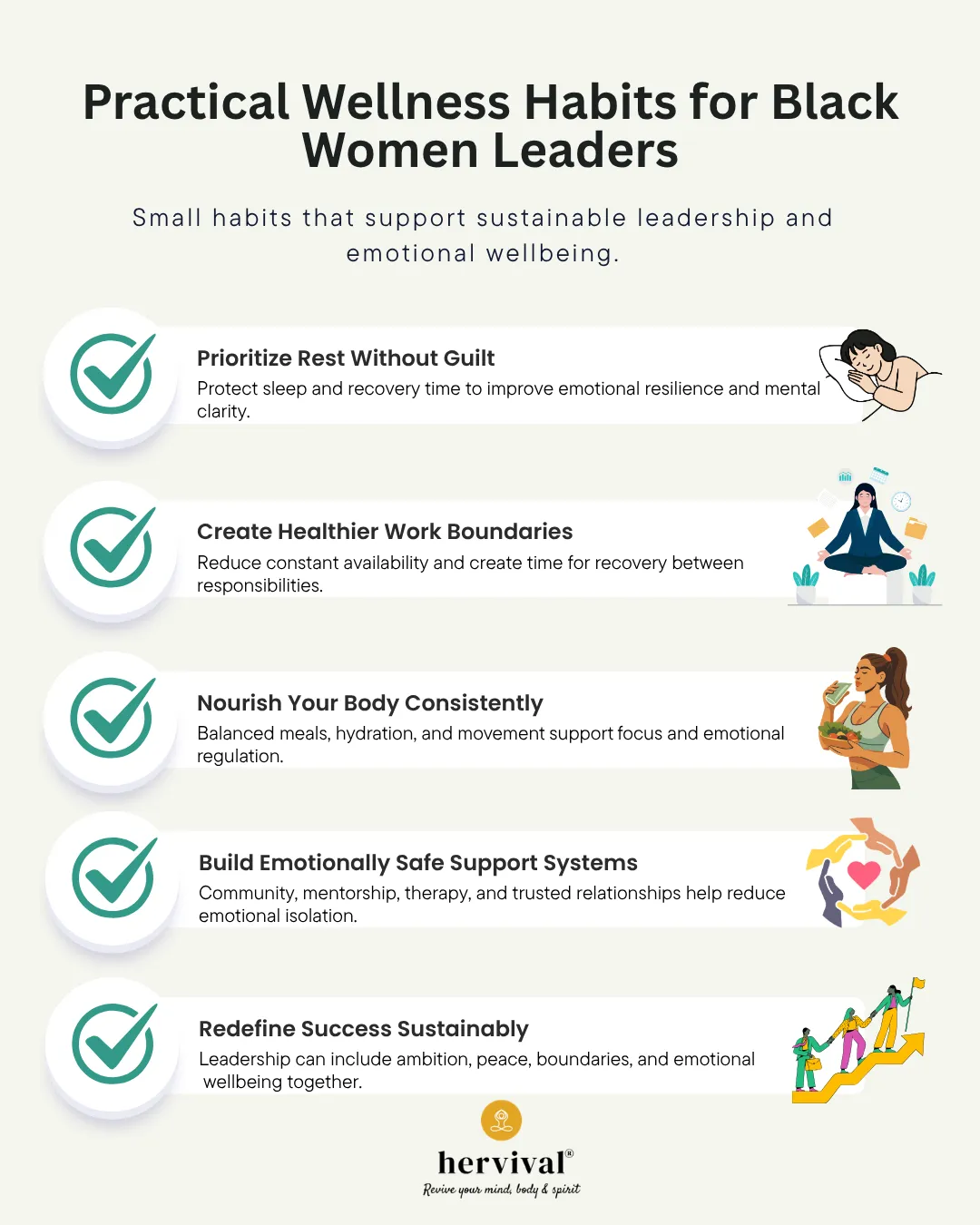 Infographic on Black Women and Workplace Wellness: Redefining Leadership, featuring practical wellness habits for Black women leaders such as prioritizing rest, creating healthy work boundaries, nourishing the body, building emotional support systems, and redefining sustainable success.