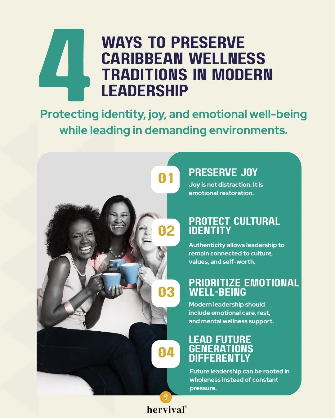 Infographic on Caribbean Women and Cultural Wellness: Resilience in Leadership, highlighting ways to preserve Caribbean wellness traditions through protecting cultural identity, preserving joy, prioritizing emotional wellbeing, and leading future generations with balance and authenticity. Infographic on Caribbean Women and Cultural Wellness: Resilience in Leadership, highlighting ways to preserve Caribbean wellness traditions through protecting cultural identity, preserving joy, prioritizing emotional wellbeing, and leading future generations with balance and authenticity.