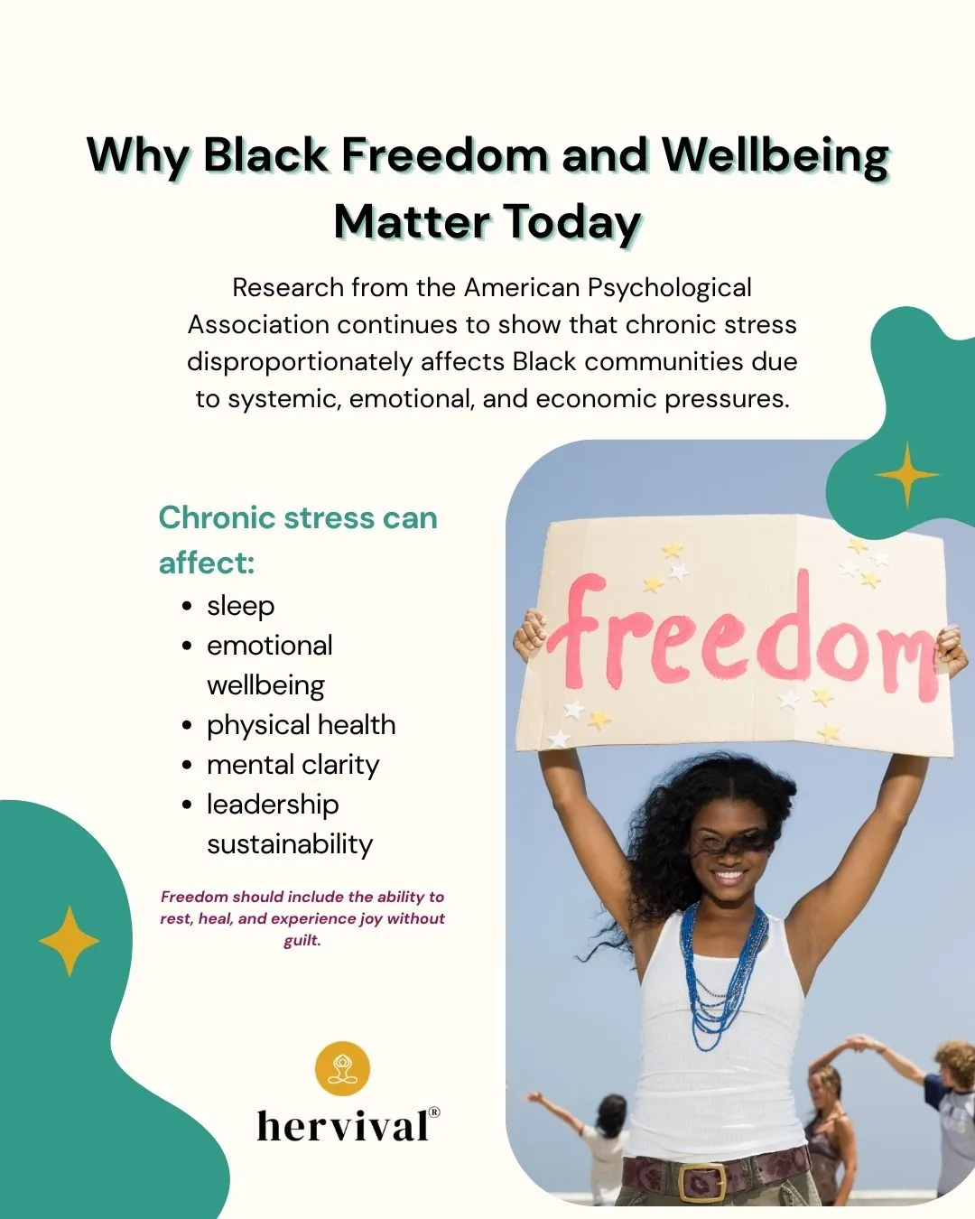 Infographic on Black Freedom and Wellbeing: Reclaiming Rest and Joy, highlighting how chronic stress impacts sleep, emotional wellbeing, physical health, mental clarity, and leadership sustainability while encouraging healing, rest, and joy without guilt. Infographic on Black Freedom and Wellbeing: Reclaiming Rest and Joy, highlighting how chronic stress impacts sleep, emotional wellbeing, physical health, mental clarity, and leadership sustainability while encouraging healing, rest, and joy without guilt.