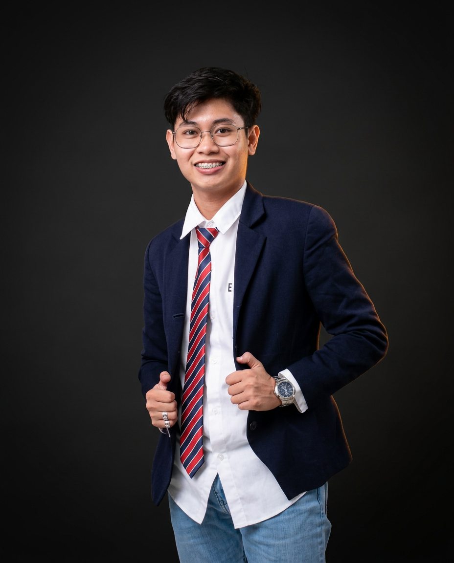 Josh Budiongan in a navy blazer and tie