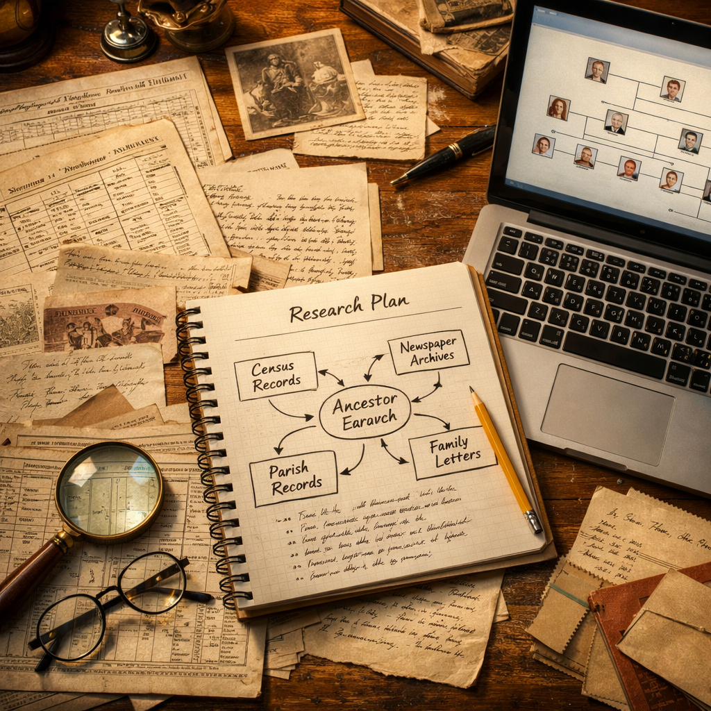 Genealogy researcher analysing census records, parish registers and newspaper archives to build a family tree.