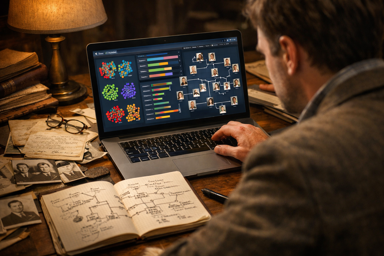 Genealogist analysing DNA matches and building a family tree to identify unknown relatives.