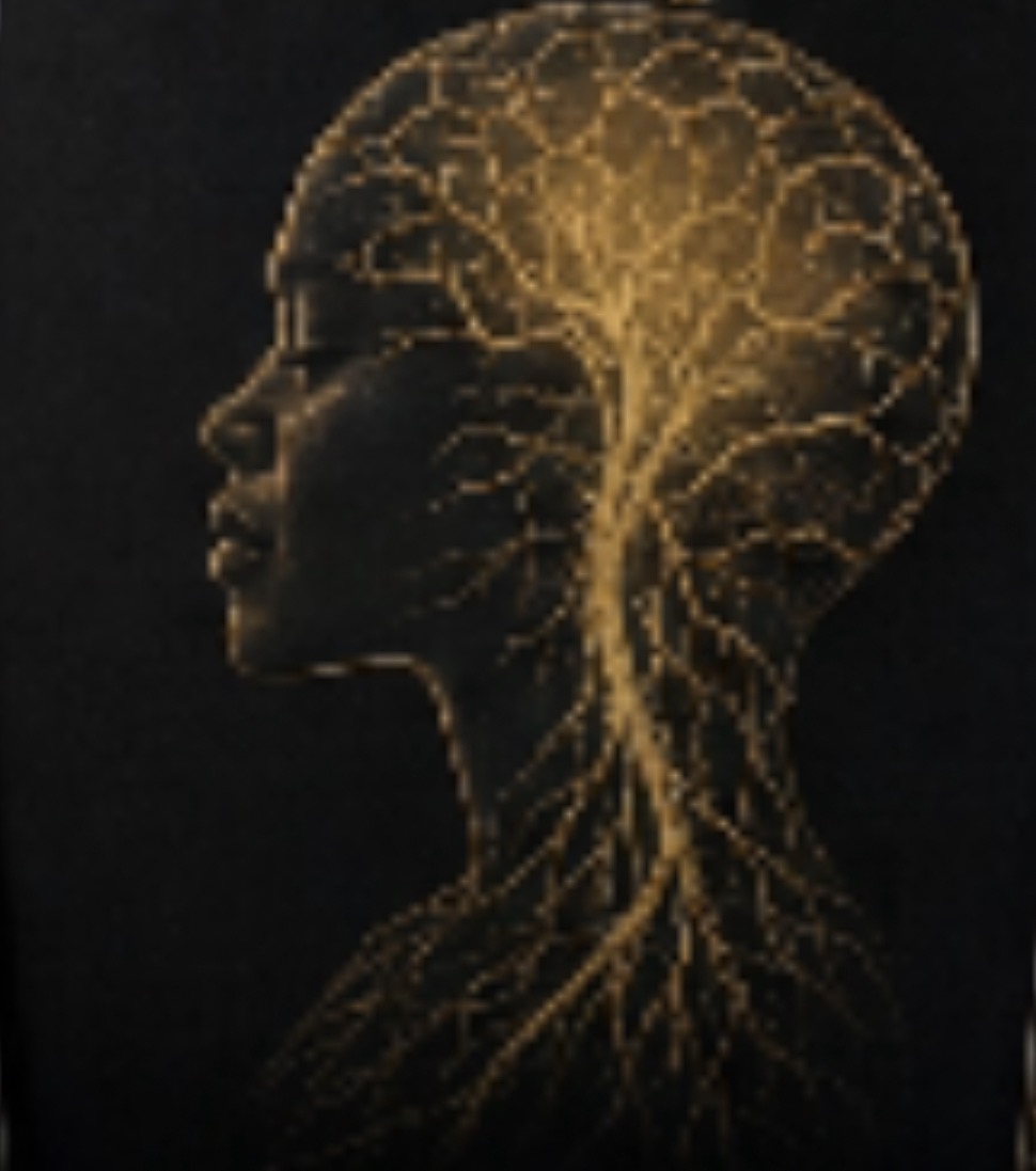 A golden brain and root system within a silhouetted profile