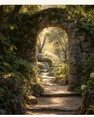 Footpath through a stone archway leading to a sunlit grove