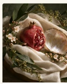 Pomegranate, shell, flowers and soft cloth arranged in a circular form
