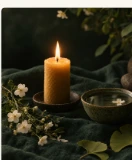 Candle, wildflowers and a water bowl on a forest-green textile