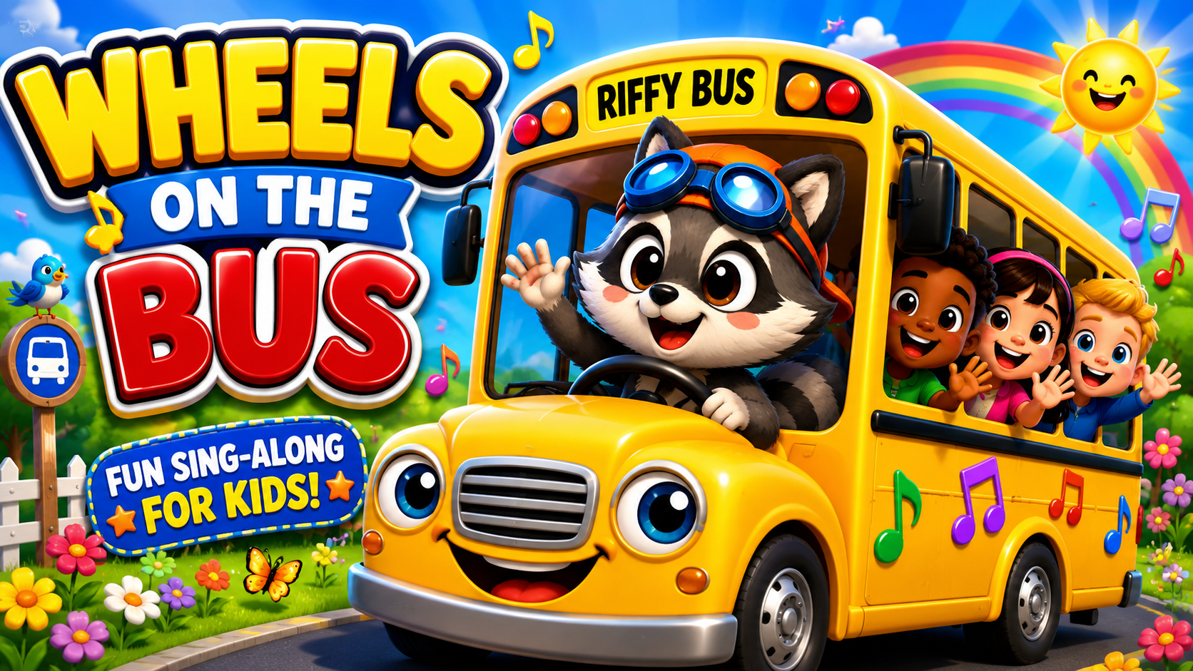 Riffy the Raccoon driving the yellow bus
