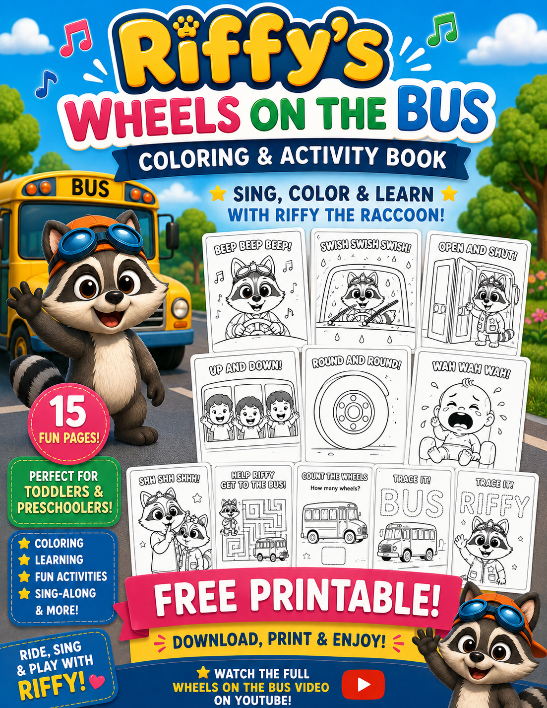 Cover of the free Riffy's Wheels on the Bus coloring and activity book
