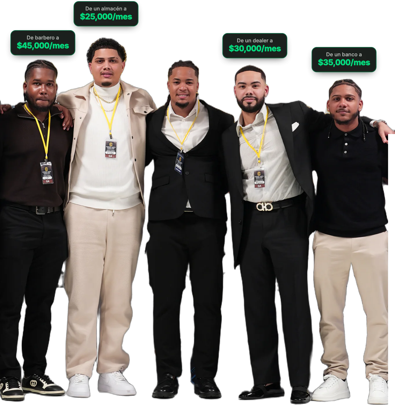 Leandro con cuatro de sus estudiantes y lo que factura cada uno