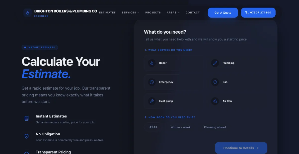 Brighton Boilers and Plumbing instant estimate calculator by Chrisp Design