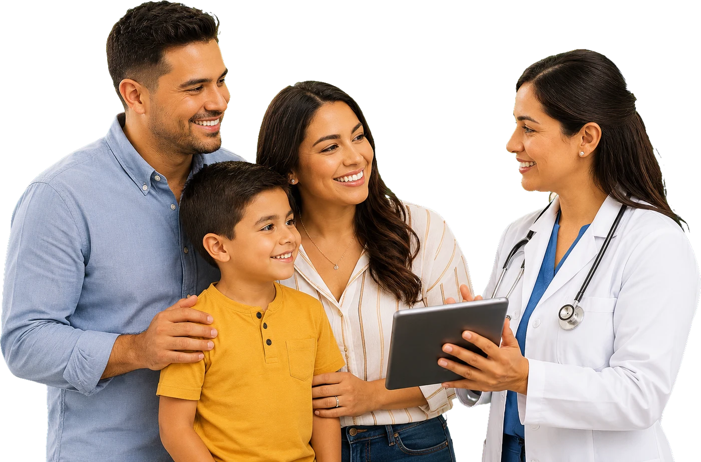 Familia latina recibiendo asesoría de salud Obamacare con una doctora