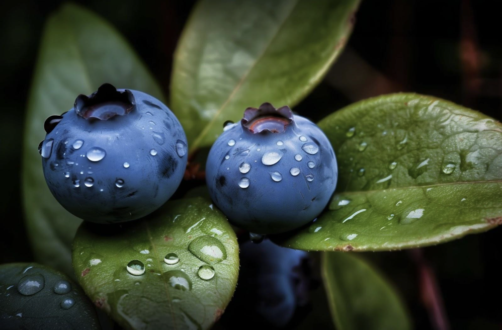 Two ripe blueberries covered in water droplets resting on green leaves, photographed in close-up macro style