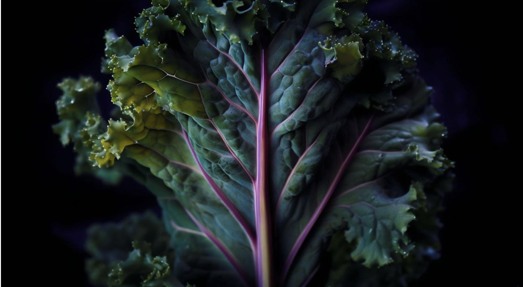 A close-up of a kale leaf against a black background, highlighting its deeply textured dark green surface, ruffled edges, and vibrant pink-purple central vein.