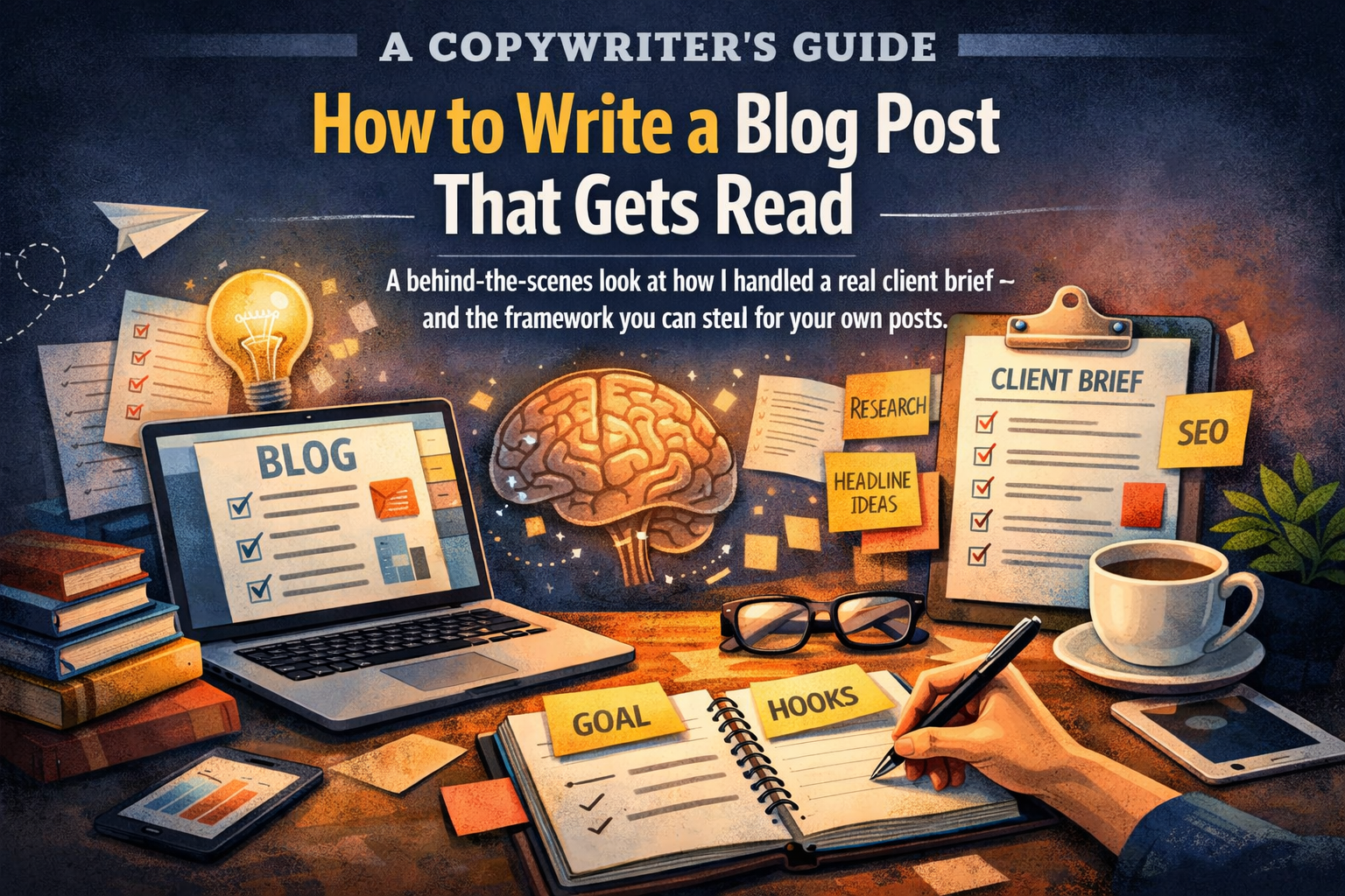 Illustrated workspace showing a laptop, notebook, client brief, and research notes around a brain graphic with the headline “A Copywriter’s Guide: How to Write a Blog Post That Gets Read