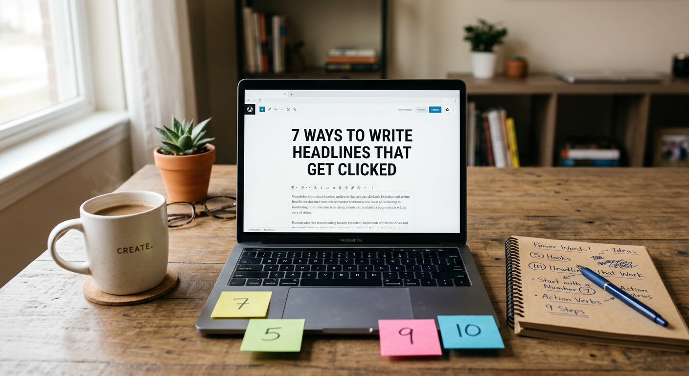 A MacBook Pro on a rustic wooden desk displaying a WordPress blog post titled "7 Ways to Write Headlines That Get Clicked," surrounded by a coffee mug, sticky notes with numbers, a succulent plant, and a spiral notebook with copywriting tips A MacBook Pro on a rustic wooden desk displaying a WordPress blog post titled "7 Ways to Write Headlines That Get Clicked," surrounded by a coffee mug, sticky notes with numbers, a succulent plant, and a spiral notebook with copywriting tips