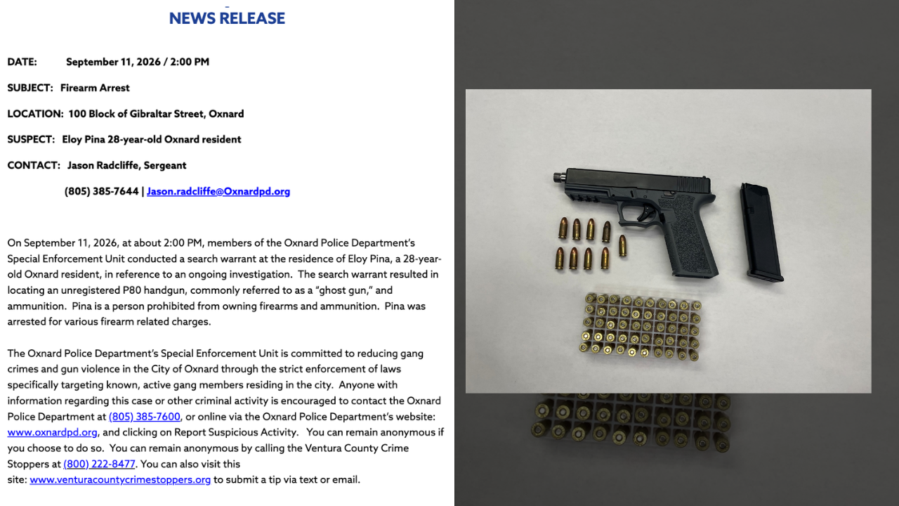 Prohibited Felon Arrested After Oxnard Police SEU Detectives Seize "Ghost Gun" in Search Warrant Raid