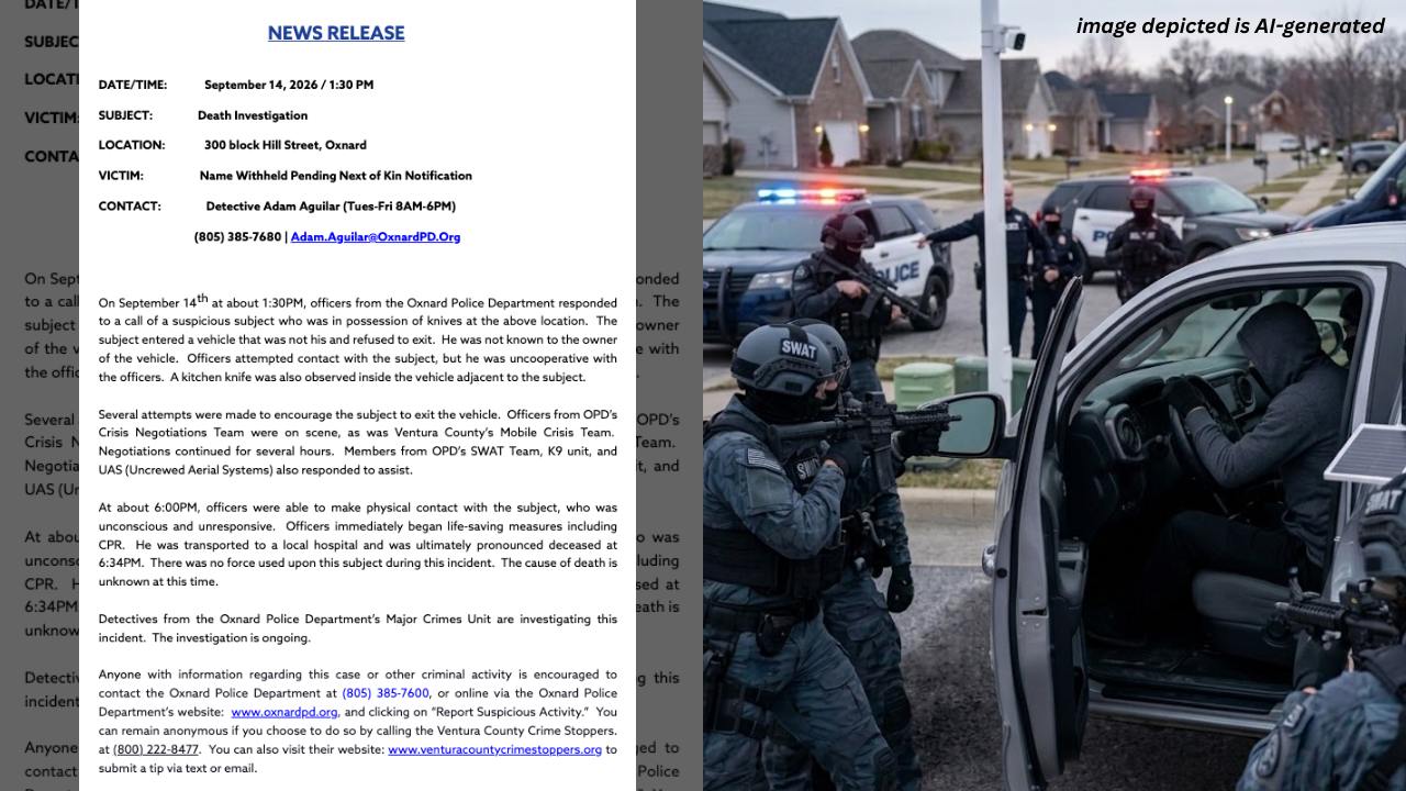 Oxnard Police Major Crimes Unit Investigates Death of Man Found Unresponsive Following Hours-Long Standoff in Vehicle
