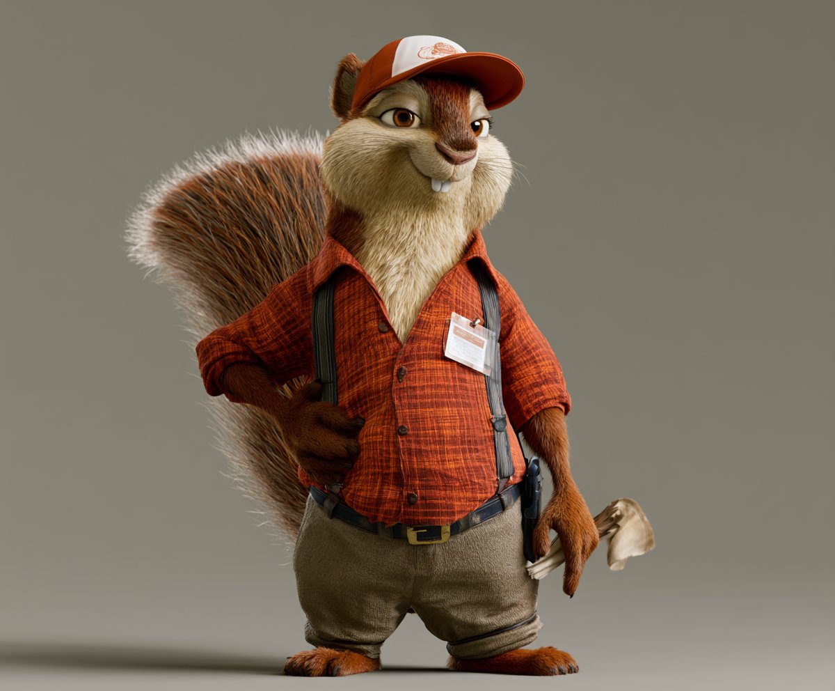 A squirrel dressed as a new hire in a work shirt and cap