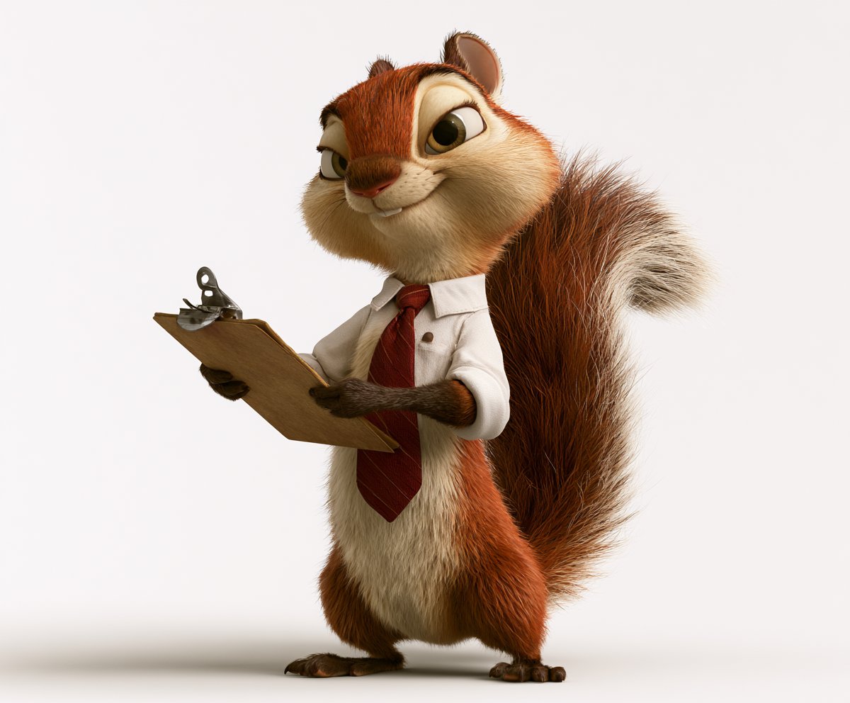 A squirrel in a shirt and tie holding a clipboard