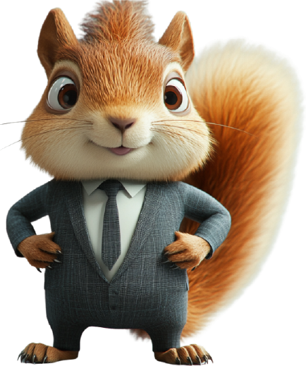 The Squirrel mascot in a suit, hands on hips