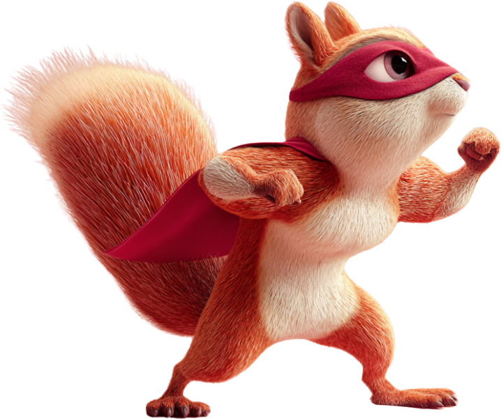 A superhero squirrel in a red mask and cape