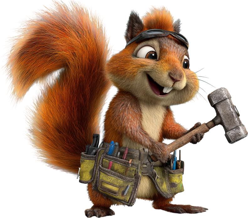 A squirrel in a tool belt holding a hammer