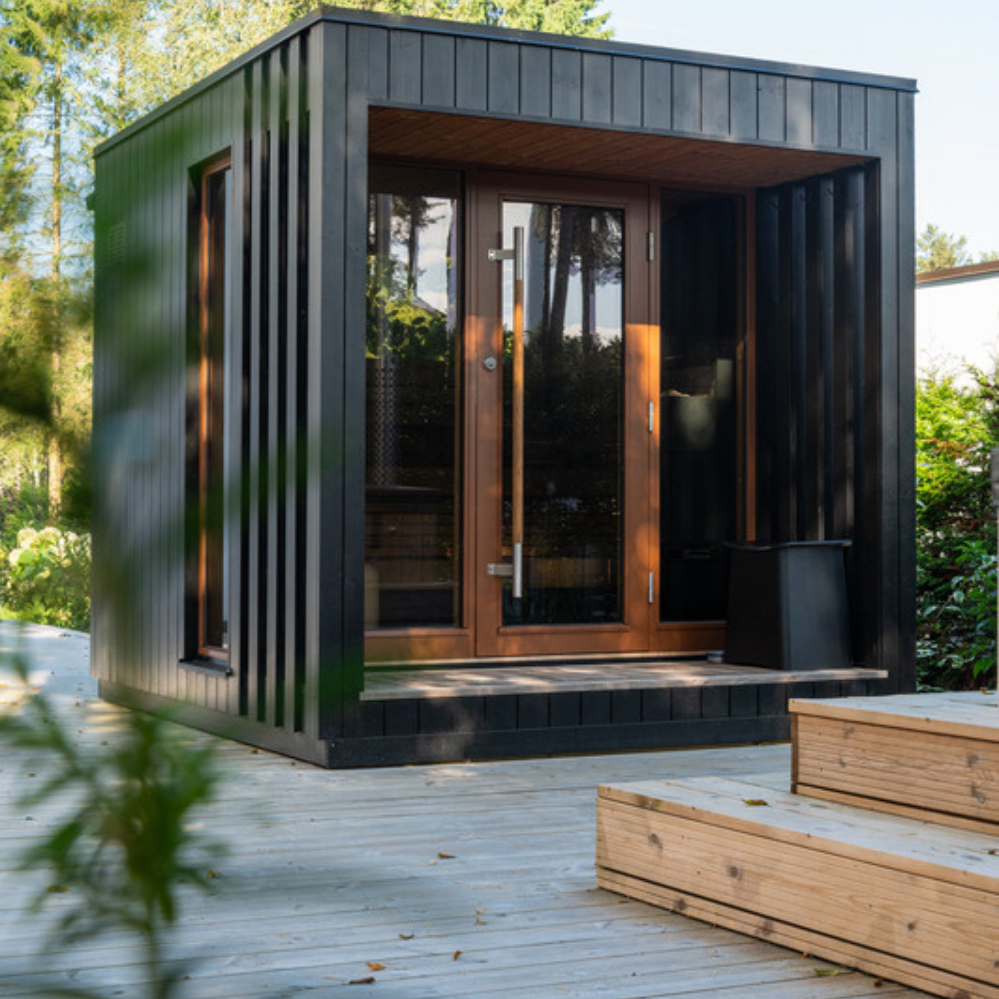 Modern outdoor cube sauna