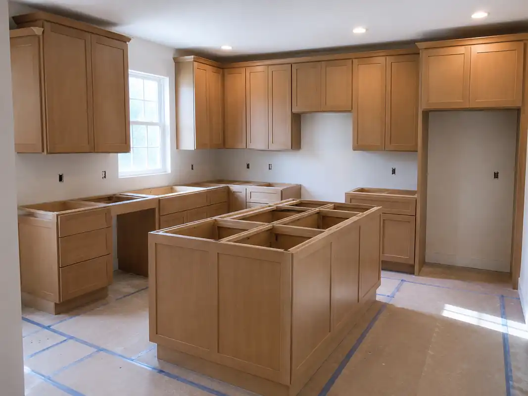 Cabinet installation under way in a residential kitchen