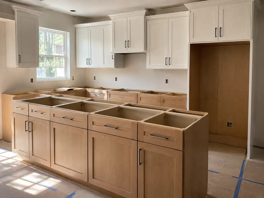 Cabinet run installed and awaiting countertops, with sink base openings left clear