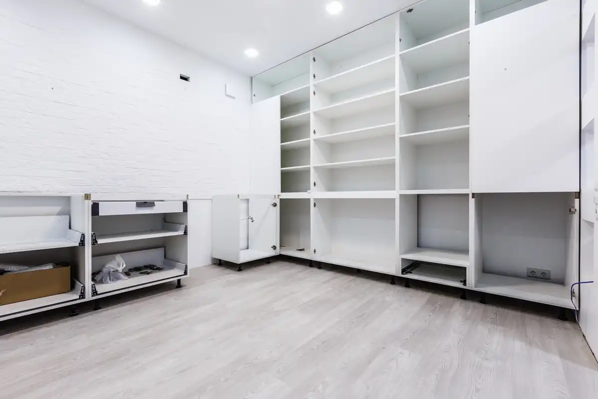 Cabinet installation under way in a residential kitchen