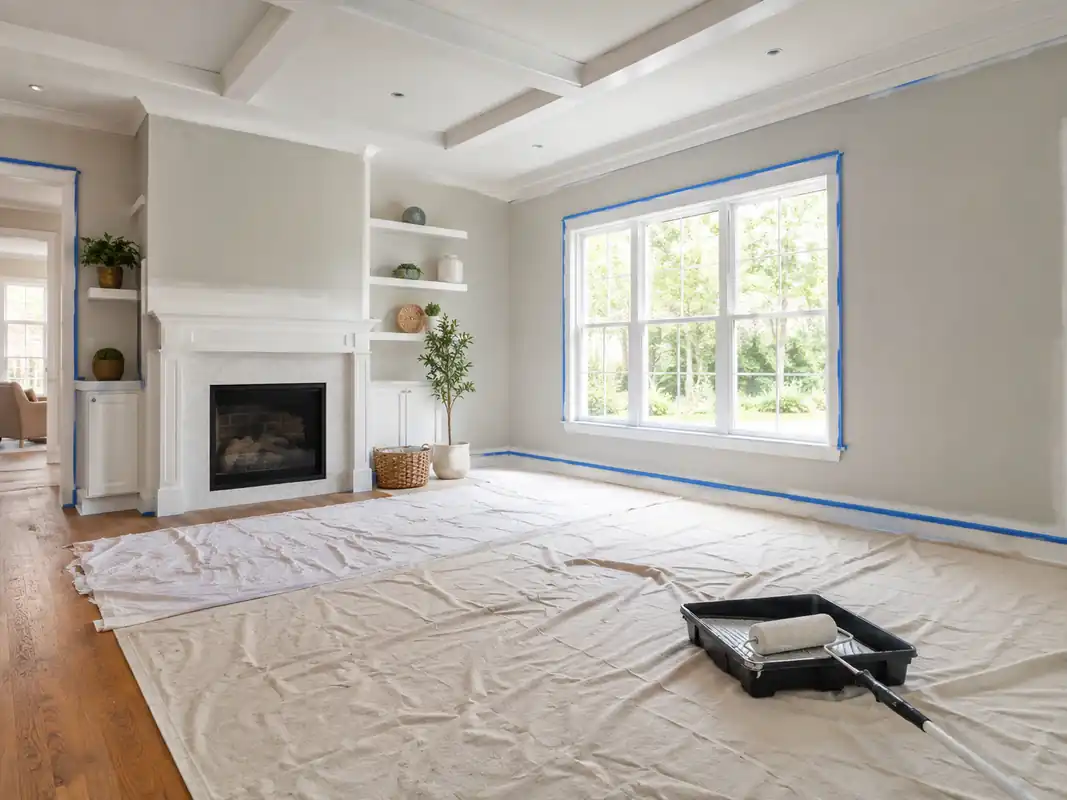 Painter working along a window wall during an interior repaint