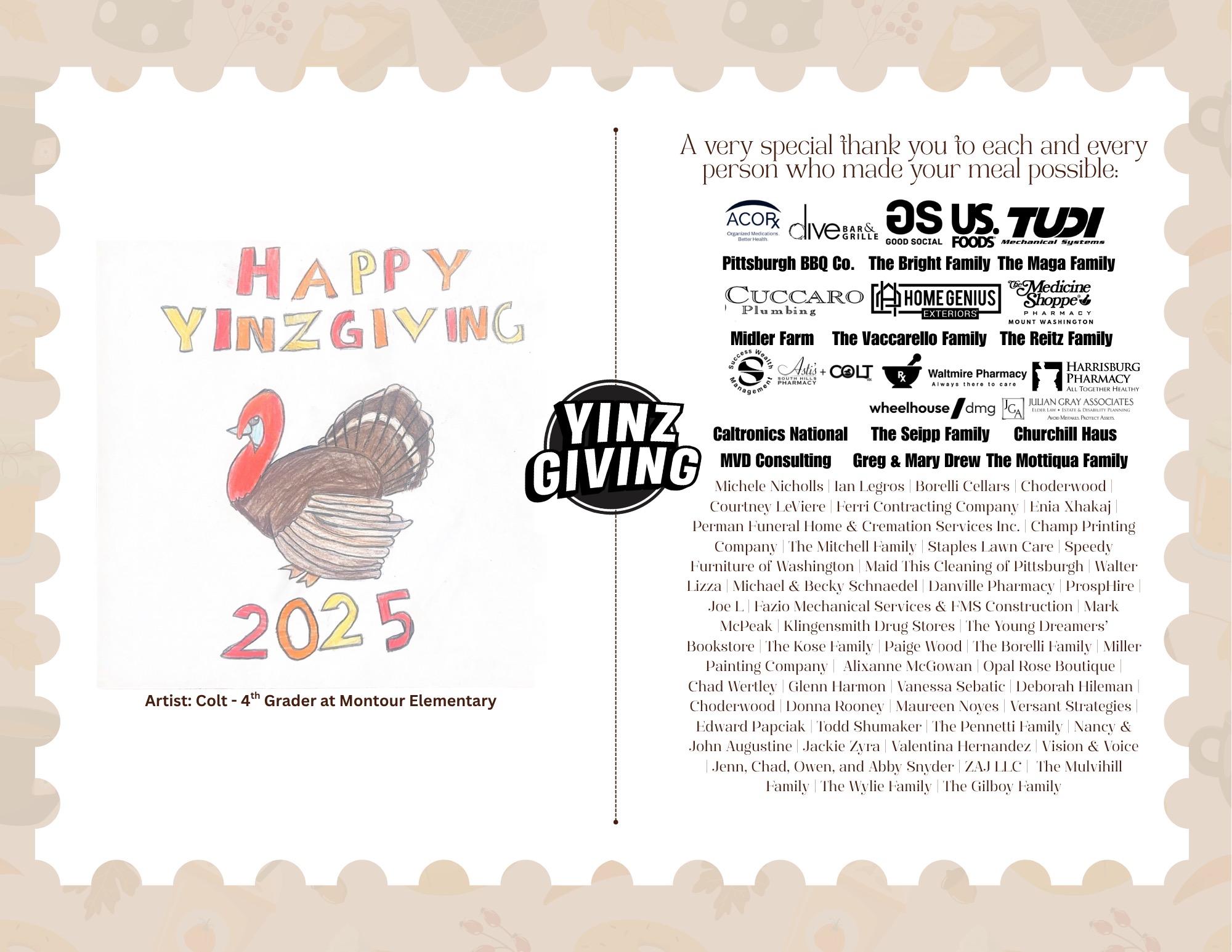 The printed YINZgiving placemat featuring Colt's turkey drawing alongside the names of every donor and sponsor