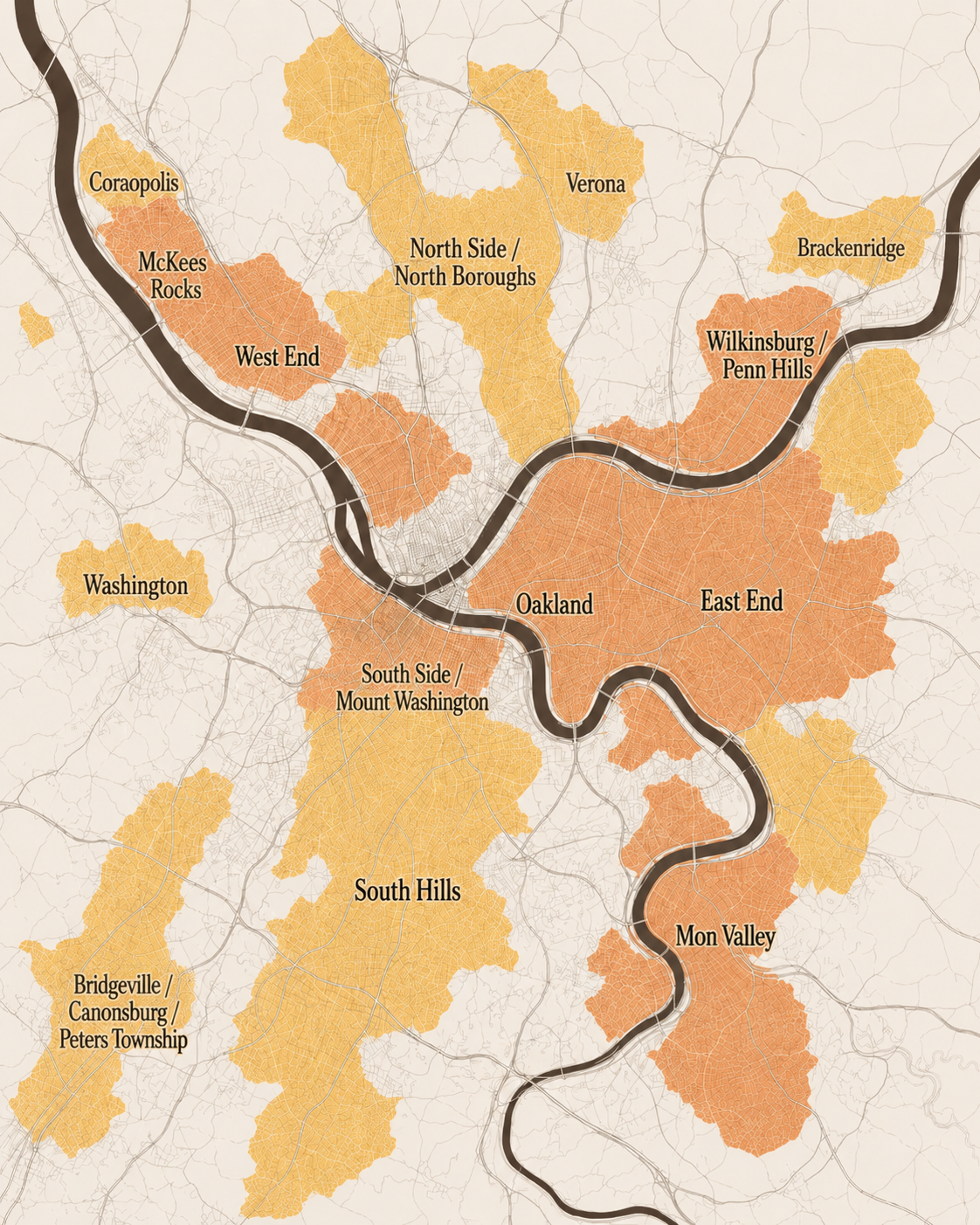Map of YINZgiving service area across Allegheny and Washington counties in Pennsylvania