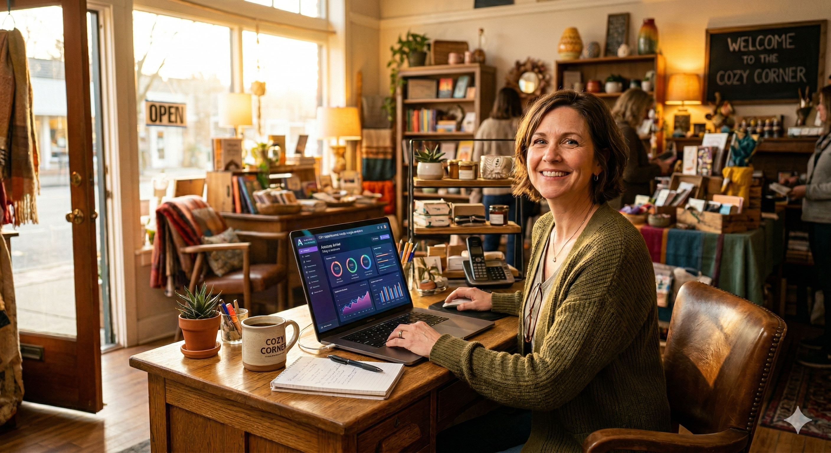 Small business owner using AI on their laptop in a cozy shop